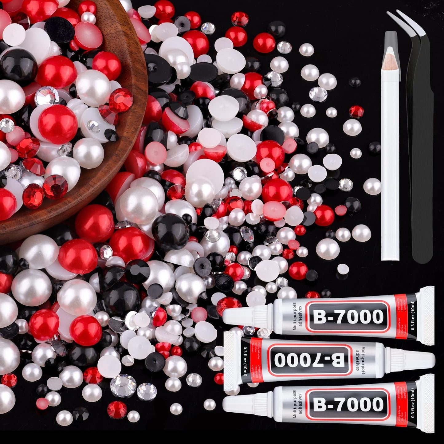 80g Flatback Pearls and Rhinestones for Crafting, Red White Black 3-10mm Resin Rhinestones and Half Pearls for Bedazzling, Nail Art and Dec with 3pcs 10ml B7000 Jewelry Glue, Tweezer and Pickup Pencil-Velvo Beauty