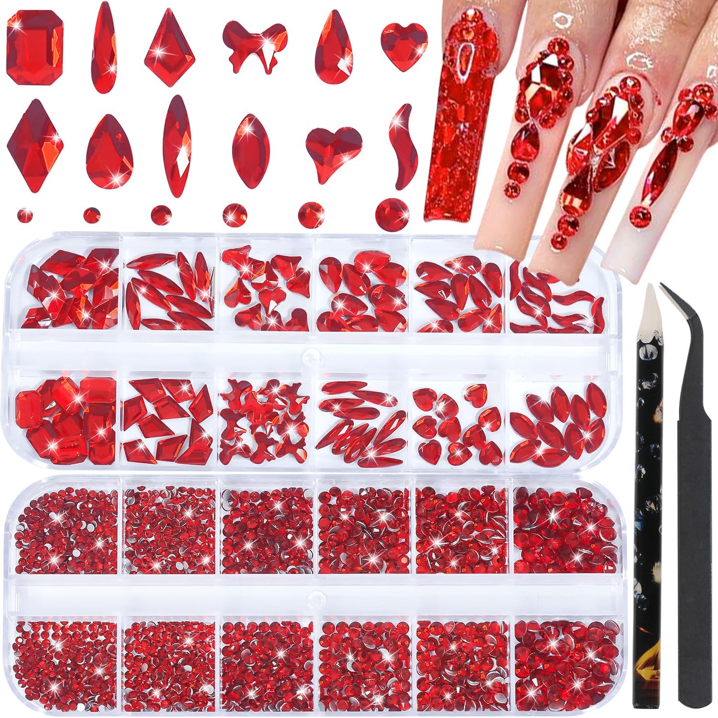 HNUIX Nail Rhinestones - 3D Multi Shape Size, Red Nail Gems, Flat Back, with Kit, for Nail Art, DIY Decorations-Velvo Beauty