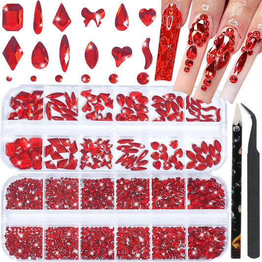 HNUIX Nail Rhinestones - 3D Multi Shape Size, Red Nail Gems, Flat Back, with Kit, for Nail Art, DIY Decorations-Velvo Beauty