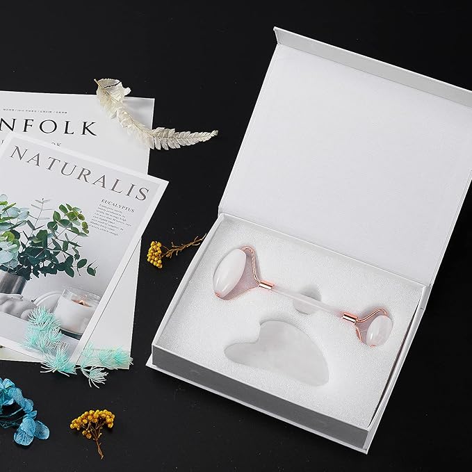 Jade Roller for Face, Facial Roller Massager Skin Care Tool, Gua Sha Facial Tools for Face, Neck, Eyes, Reduce Puffiness of The Skin - White-Velvo Beauty