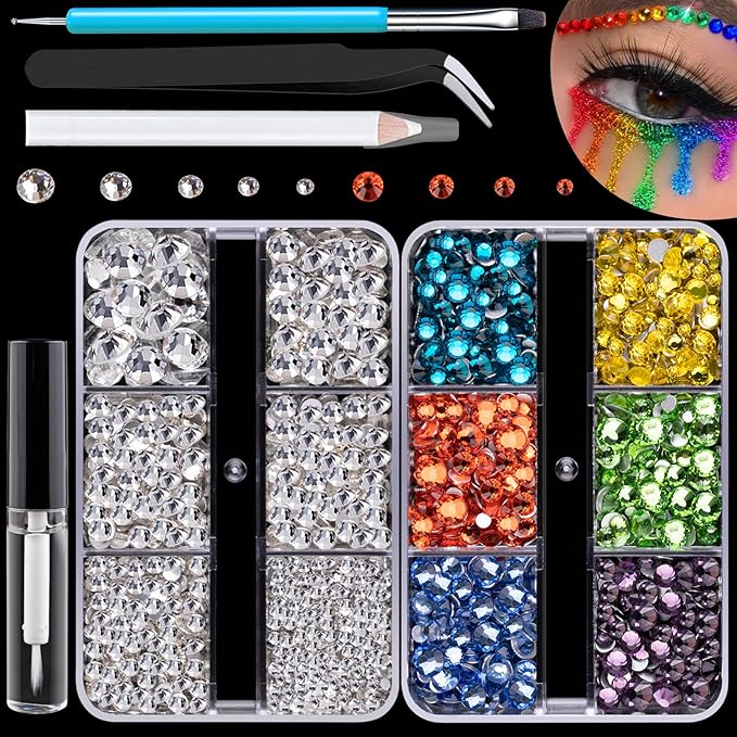 Colorful Face Gems for Makeup Set, Flatback Gorgeous Clear Glass Gem, Mixed-Colored Crystals with Makeup Glue+Picker Pencil+Tweezer+Dual-End Dotting Tool for Eye Body Hair Make-up and Nail Art Deco-Velvo Beauty