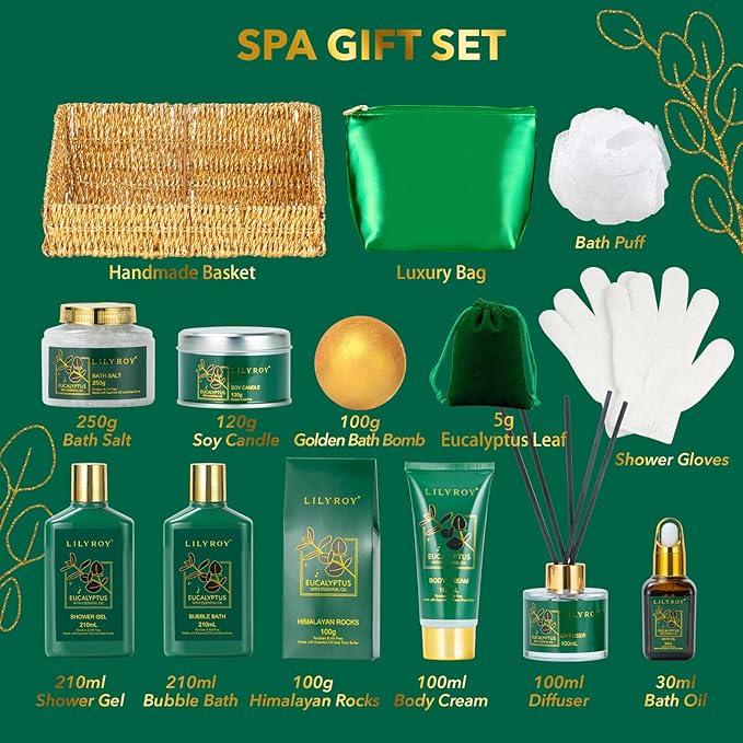 Mothers Day Relaxation Gift Basket - 15-Piece Premium Eucalyptus Bath Gift Set for Women & Men - Spa Kit with Shower Gel Ideal for Birthday, Christmas, Father’s Day, Perfect for Holidays & Self Care-Velvo Beauty