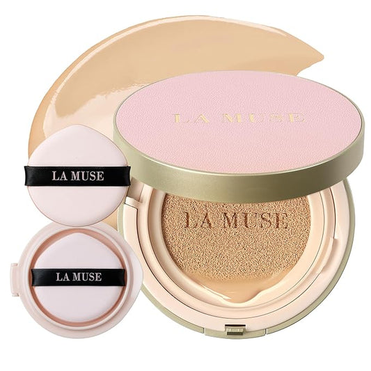LA MUSE Korean Cushion Foundation, #21 Light Beige(2 Packs) | Lightweight, Breathable but Perfect Blemish Cover for Summer | Long-Lasting, Korean Foundation with Radiant Dewy Finish | Skin Hydrating-Velvo Beauty