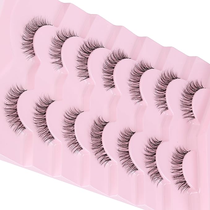 Natural Lashes False 11mm Short Eyelashes Wispy C Curl Eye Lashes Pack with Thin Cotton Band Fake Eyelash 3D Volume For Daily Siligli Lash 7 Pair-Velvo Beauty