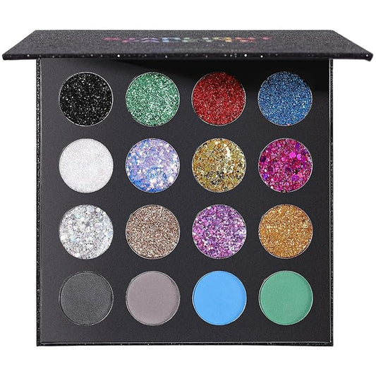UCANBE Glitter Eyeshadow Makeup Palette - 12 Face Body Chunky & Fine Pressed Glitter + 4 Eye Shadow Powder Make Up Pallet for Theater Party Cosplay Halloween Christmas, Highly Pigmented Ultra Shimmer-Velvo Beauty