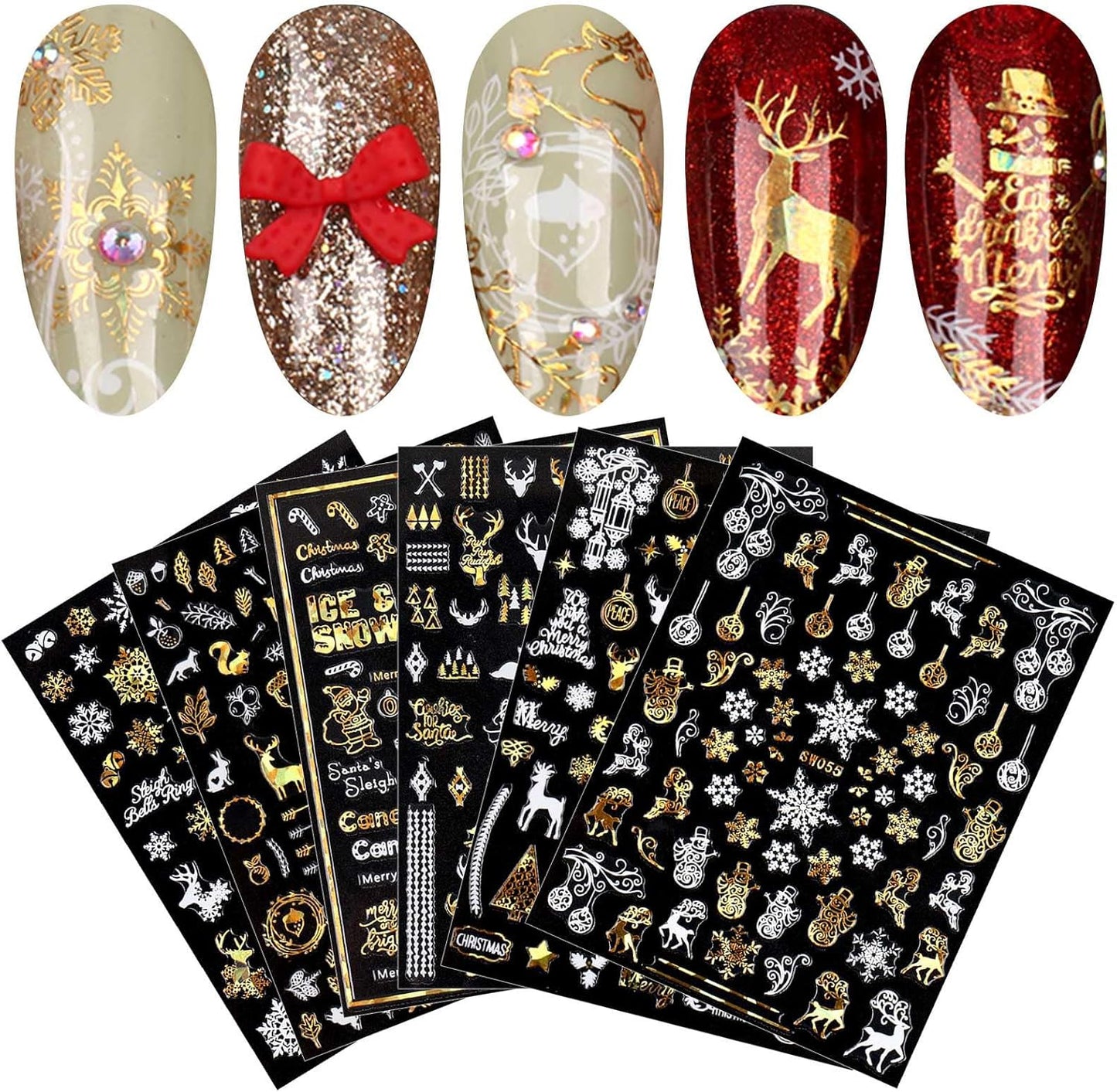9 Sheets Christmas Nail Art Stickers Decals Self-Adhesive Pegatinas Uñas Gold White Nail Supplies Nail Art Design Decoration Accessories-Velvo Beauty
