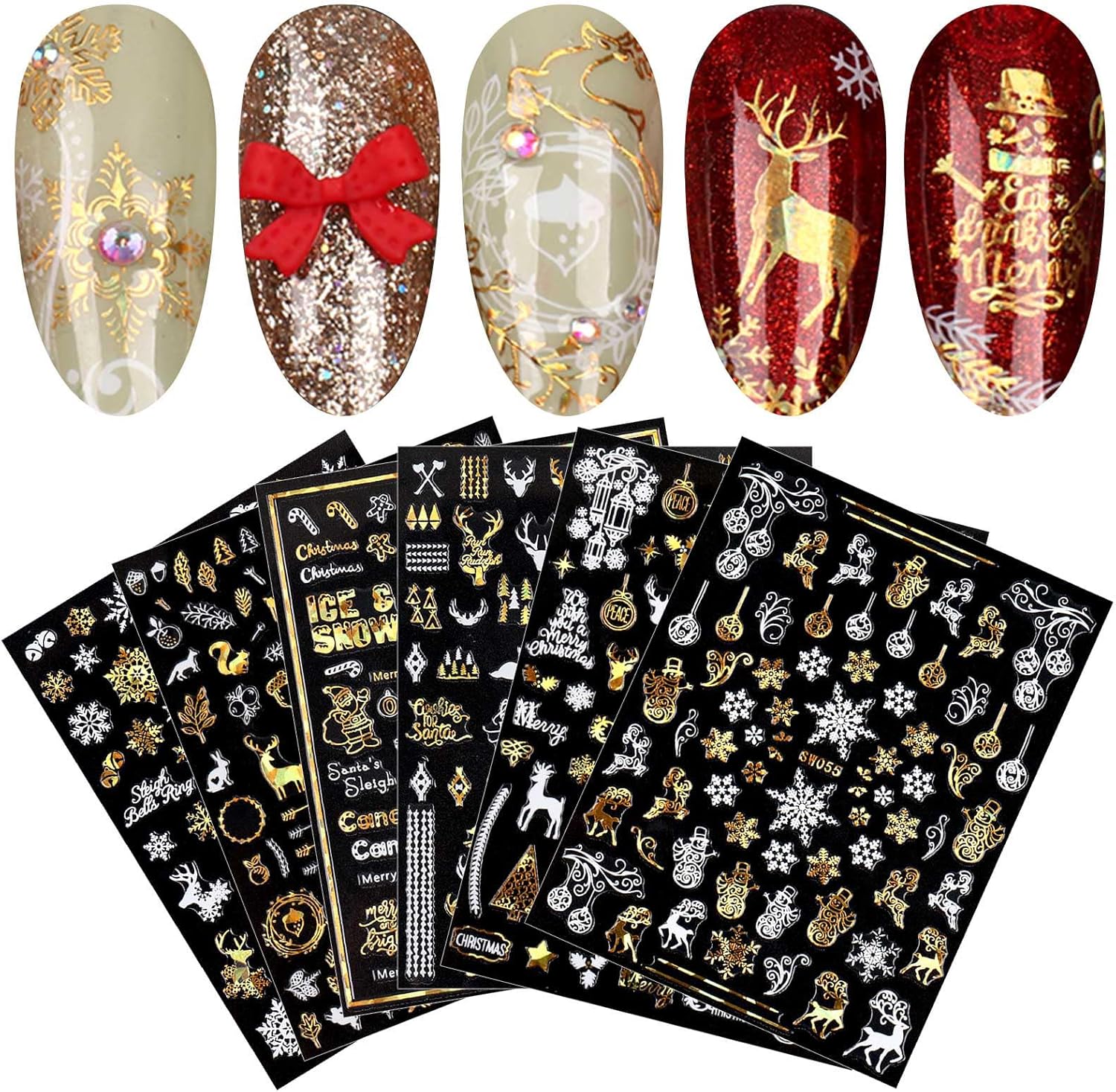 9 Sheets Christmas Nail Art Stickers Decals Self-Adhesive Pegatinas Uñas Gold White Nail Supplies Nail Art Design Decoration Accessories-Velvo Beauty