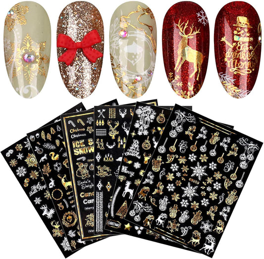 9 Sheets Christmas Nail Art Stickers Decals Self-Adhesive Pegatinas Uñas Gold White Nail Supplies Nail Art Design Decoration Accessories-Velvo Beauty