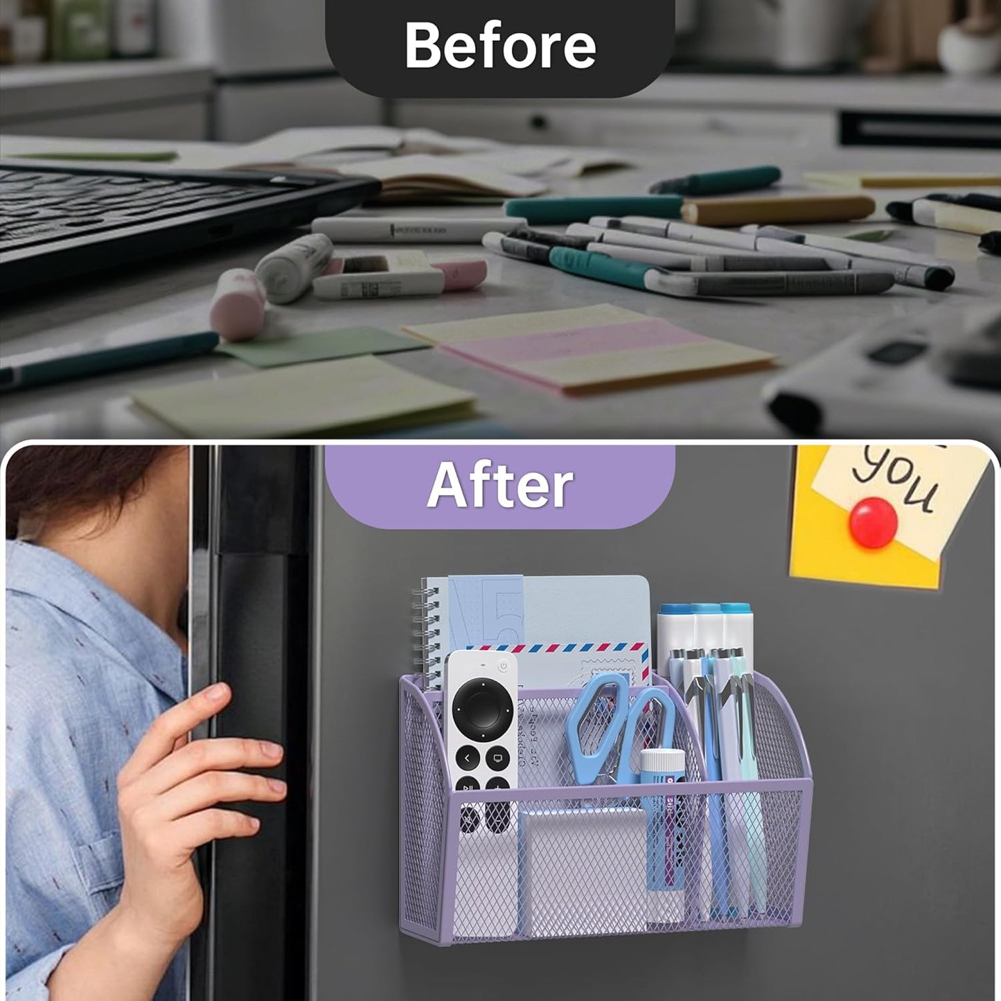 YINGHUA Strong Magnetic Pen Holder for Whiteboard and Refrigerator 3 Compartments Metal Mesh Organizer Space Saving Shelf for Office School Home and Locker - Purple-Velvo Beauty