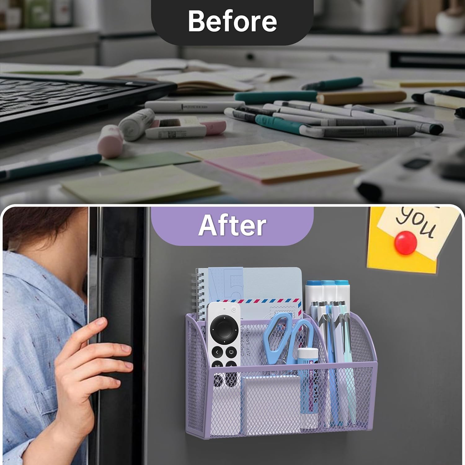 YINGHUA Strong Magnetic Pen Holder for Whiteboard and Refrigerator 3 Compartments Metal Mesh Organizer Space Saving Shelf for Office School Home and Locker - Purple-Velvo Beauty