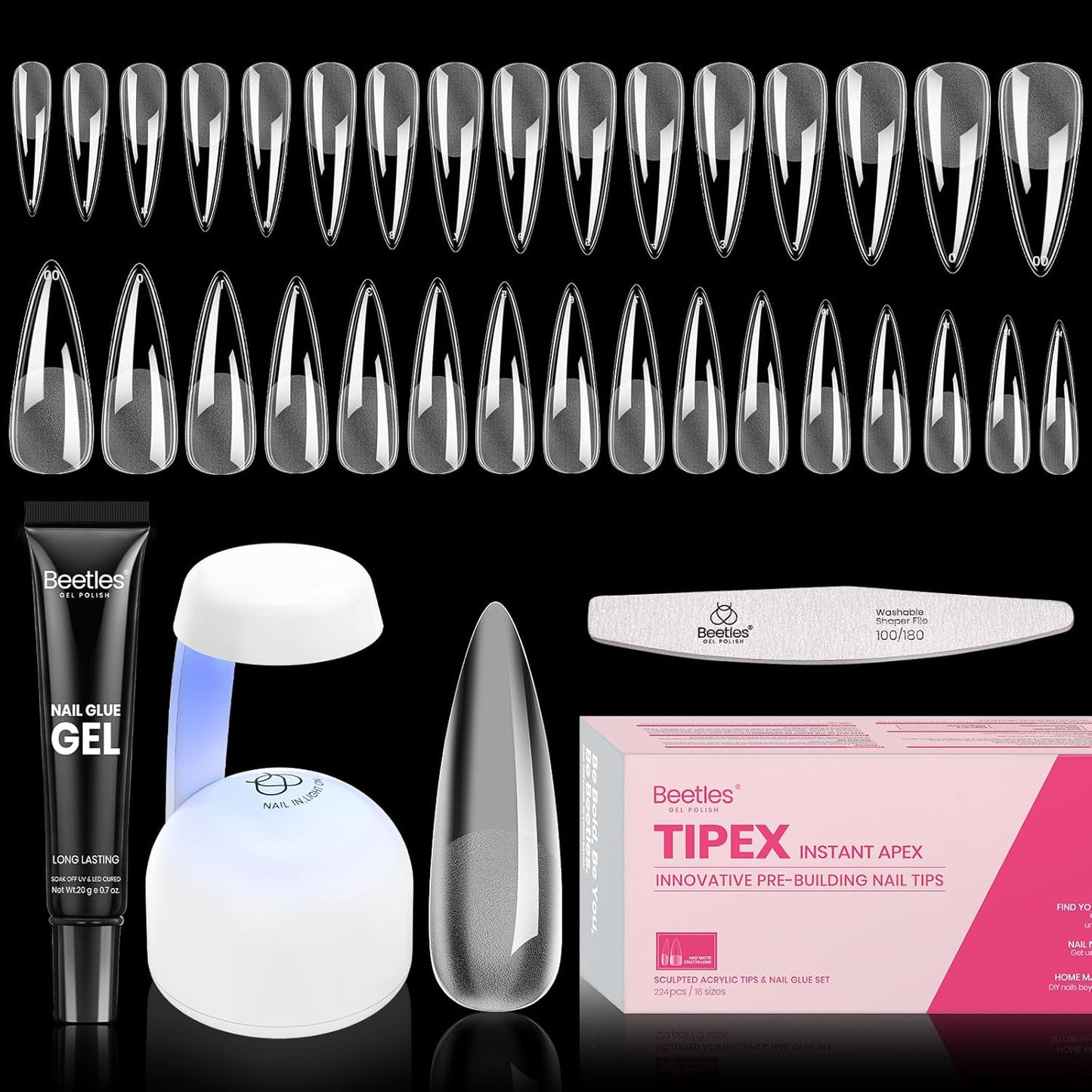 Beetles Tipex Instant Apex Nail Tips Kit Halloween Nails, Stiletto Long, 224pcs 16 Sizes, with Tipex UV Nail Glue Mini Nail Lamp,Pre-Building Pre-Etched Strong Thicker Acrylic Nail Tips Set-Velvo Beauty