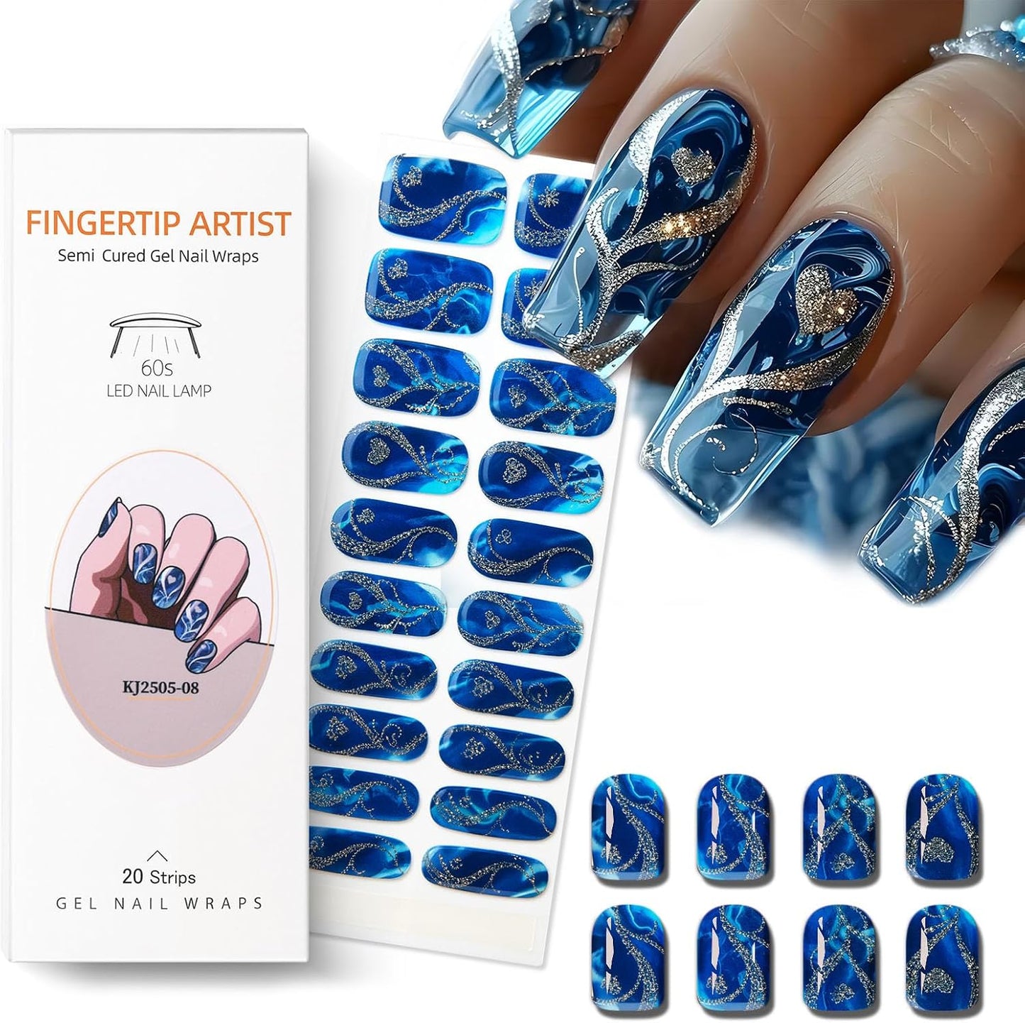 Semi Cured Gel Nail Strips with Gold Heart Designs Blue Gel Nail Strips Glossy Stickers Salon Quality & Easy to Use for Women 20 Pcs-Velvo Beauty