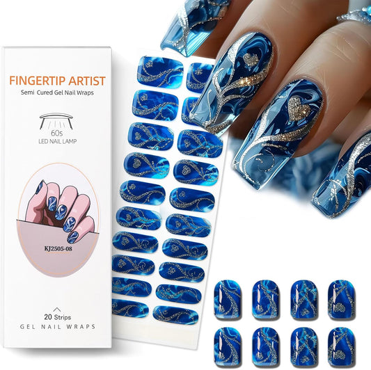 Semi Cured Gel Nail Strips with Gold Heart Designs Blue Gel Nail Strips Glossy Stickers Salon Quality & Easy to Use for Women 20 Pcs-Velvo Beauty