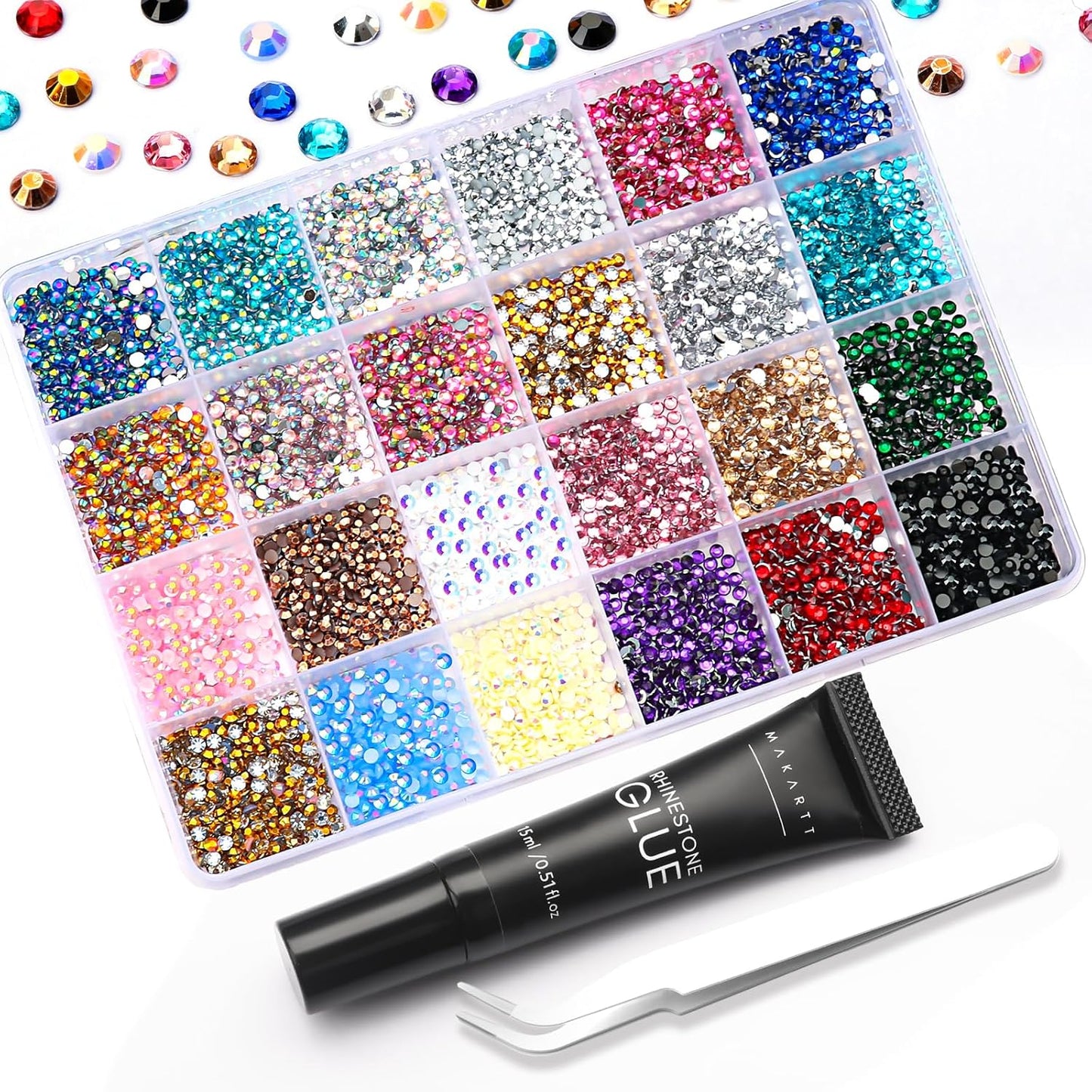 Makartt Nail Rhinestone Glue Kit: 15ml Strong Gems Adhesive Gel with 3360pcs 24 Colors Flatback Crystals Rhinestones for 3D Nails Art, Includes Tweezer, Home & Salon Manicure Kit-Velvo Beauty