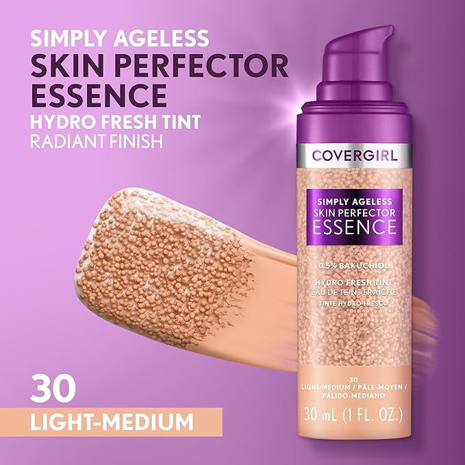 Covergirl Simply Ageless Skin Perfector Essence Foundation, 30 Light-Medium, Tinted Skin Perfector, Skincare Makeup Hybrid, Sheer Tint, Radiant Finish, Skin-Like Finish, Vegan Formula, 1.0oz-Velvo Beauty
