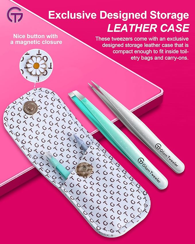 Expert Slant and Point Tip Tweezer Set with Exclusive Storage & Carrying Case, GlamTweeler Sharp & Precision Tweezer Set for Eyebrows, Facial Hairs & Fine Hairs Removal (Sparkle Mint Green + Silver)