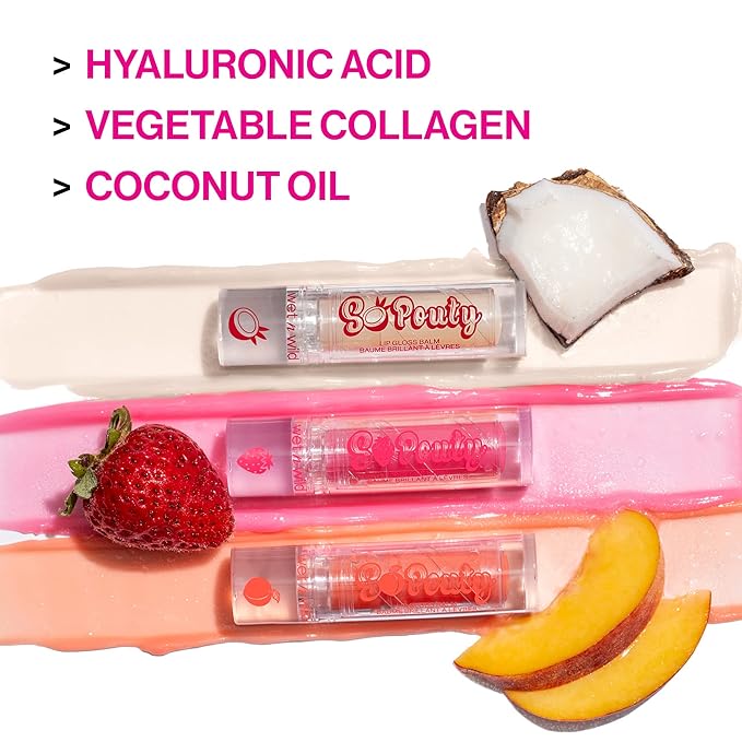 wet n wild Perfect Pout So Pouty Shine Tinted Lip Balm Peach Flavored, Hyaluronic Acid, Vegan Collagen, Moisturizing For Dry Lip Care, Pink (Pack of 2)-Velvo Beauty