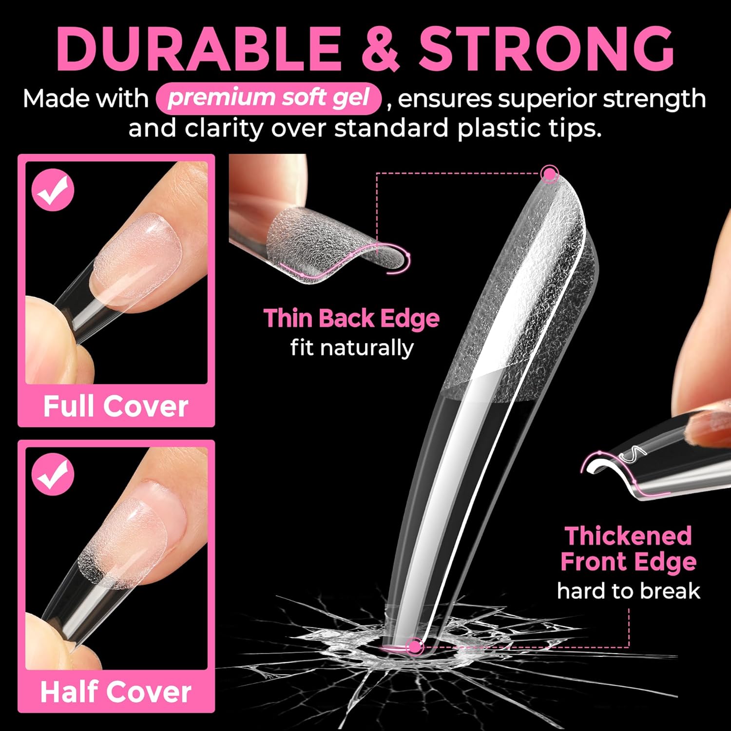 UNA GELLA Long Coffin Nail Tips: 216pcs Coffin Acrylic Fake Nails Full Cover Gel Nail Tips Press On Nails Clear Tips for Nail Extension DIY Salon 12 Sizes-Velvo Beauty