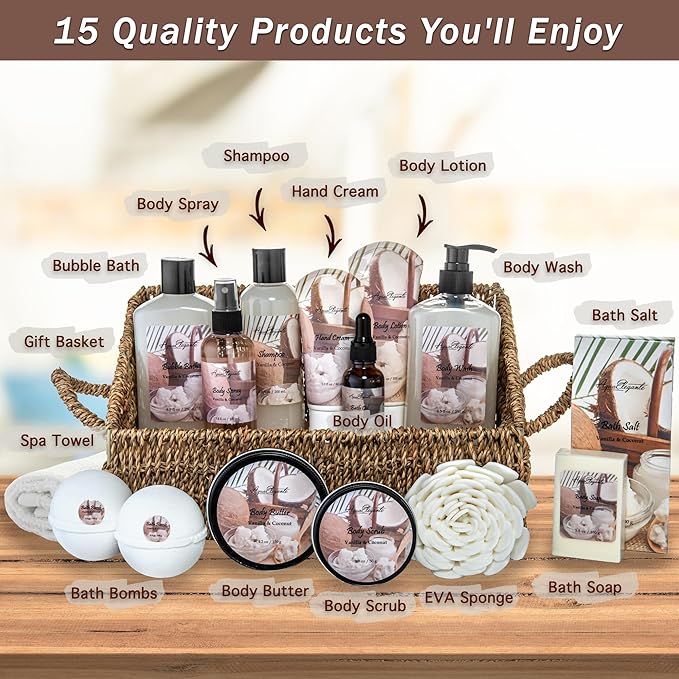 Bath Spa Gift Sets - Luxury Basket With Coconut & Vanilla - Spa Kit Includes Wash, Bubble Bath, Lotion, Bath Salts, Body Scrub, Shower Puff, Bathbombs, Soap in Wooden Basket-Velvo Beauty