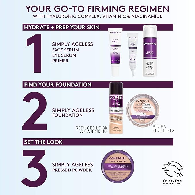 Covergirl + Olay Simply Ageless 3-in-1 Liquid Foundation, Creamy Natural & Simply Ageless Instant Wrinkle Blurring Pressed Powder, Buff Beige, 0.39 Oz.-Velvo Beauty