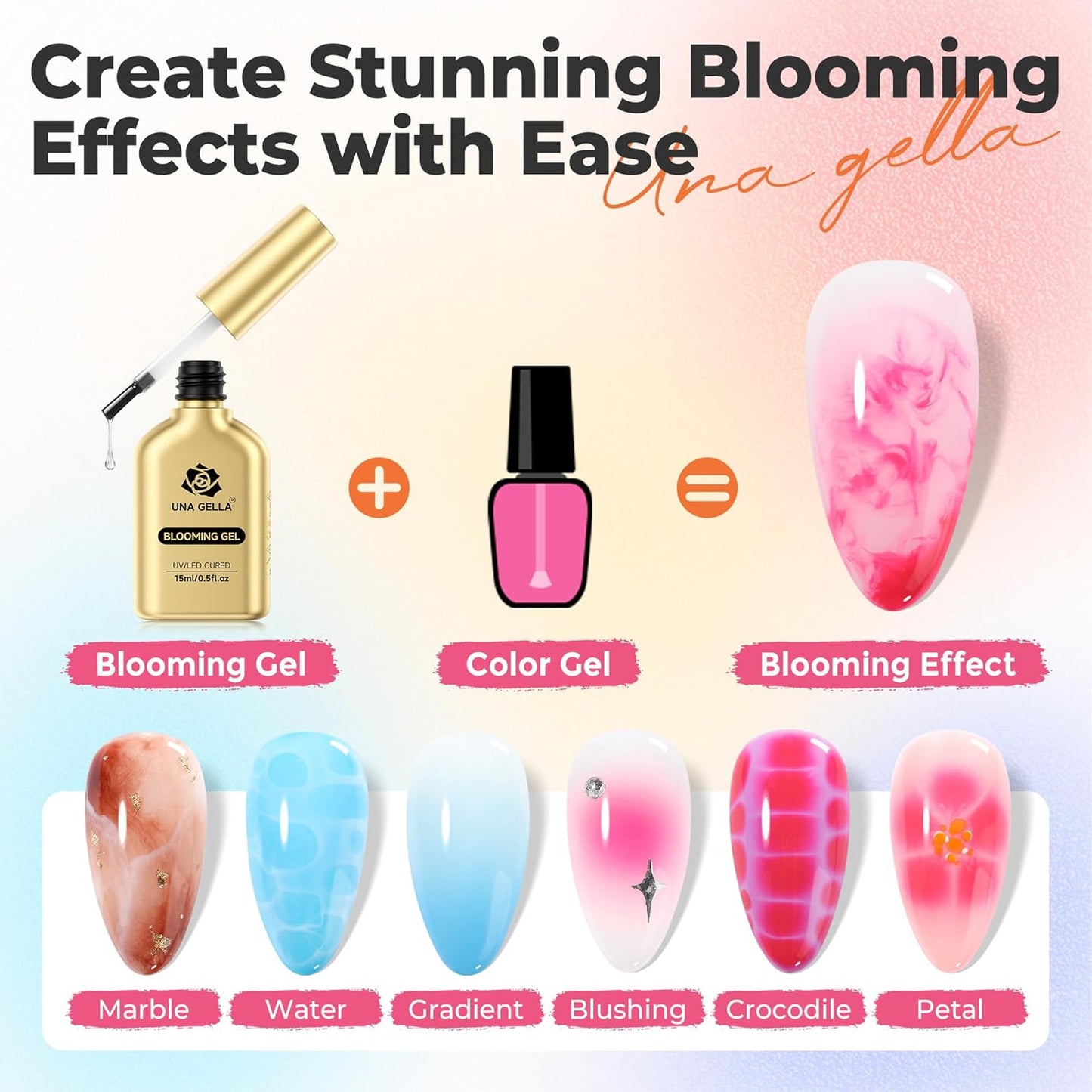 UNA GELLA Blooming Gel Nail Polish 15ml Super Clear for Spreading Effect U V/LED Needed Nail Blooming Gel for Marble Natural Stone Floral Print Watercolor Effect Design Soak Off Home DIY Salon-Velvo Beauty