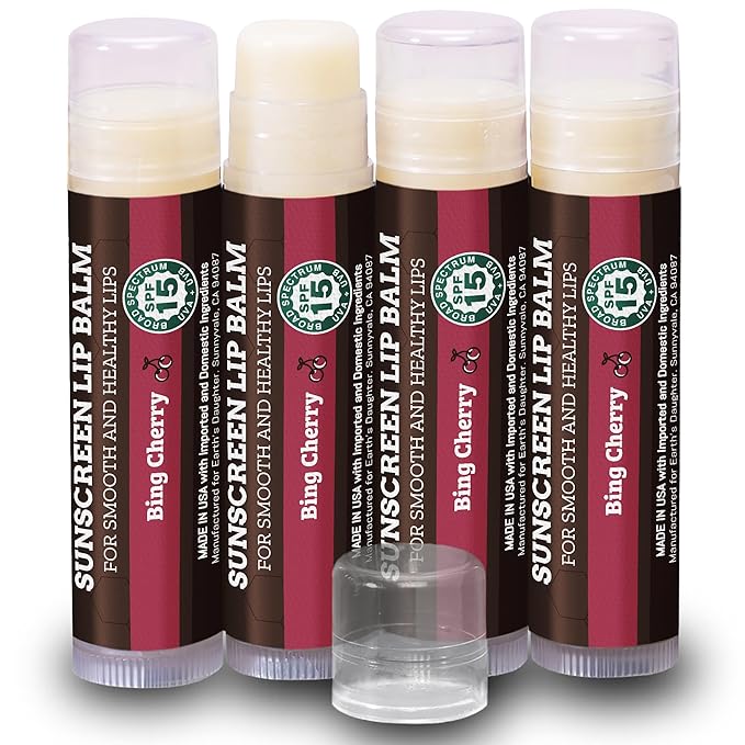 SPF Lip Balm 4-Pack by Earth's Daughter - Lip Sunscreen, SPF 15, Organic Ingredients, Cherry Flavor, Beeswax, Coconut Oil, Vitamin E - Hypoallergenic, Paraben Free, Gluten Free-Velvo Beauty