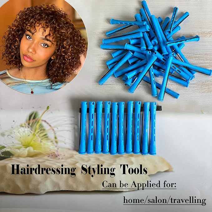 40pcs Perm Rods Set for Natural Hair Blue Plastic Cold Wave Rods Hair Curling Rollers with Steel Pintail Comb Rat Tail DIY Hairdressing Tools（40pcs Blue）-Velvo Beauty