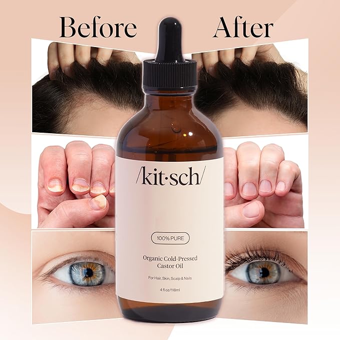 Kitsch Organic Castor Oil for Hair Growth - 100% Pure Castor Oil, Organic Cold Pressed Unrefined Glass Bottle for Face, Skin, Lashes, Brows, Scalp, Nails & Belly Button - Hexane Free, USDA - 4 oz-Velvo Beauty
