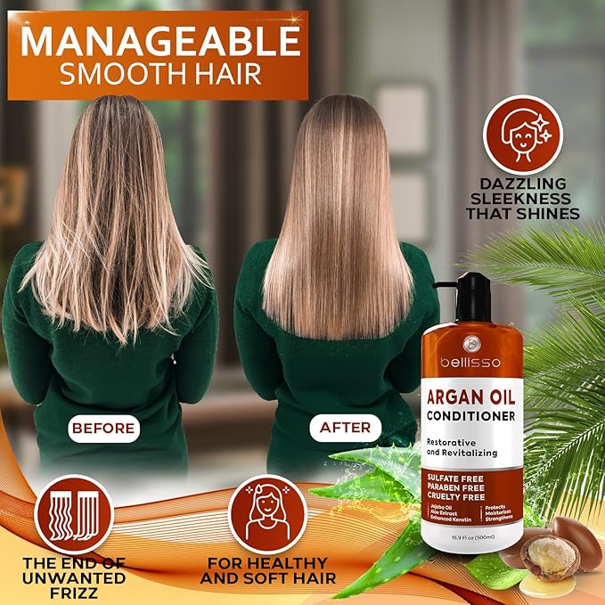 Argan Oil Conditioner - Sulfate Free with No Parabens - Moroccan Botanicals for Women and Men - Professional Moisturizing, Anti Frizz, Hydrating Solution for Dry, Wavy, Curly and Color Treated Hair-Velvo Beauty