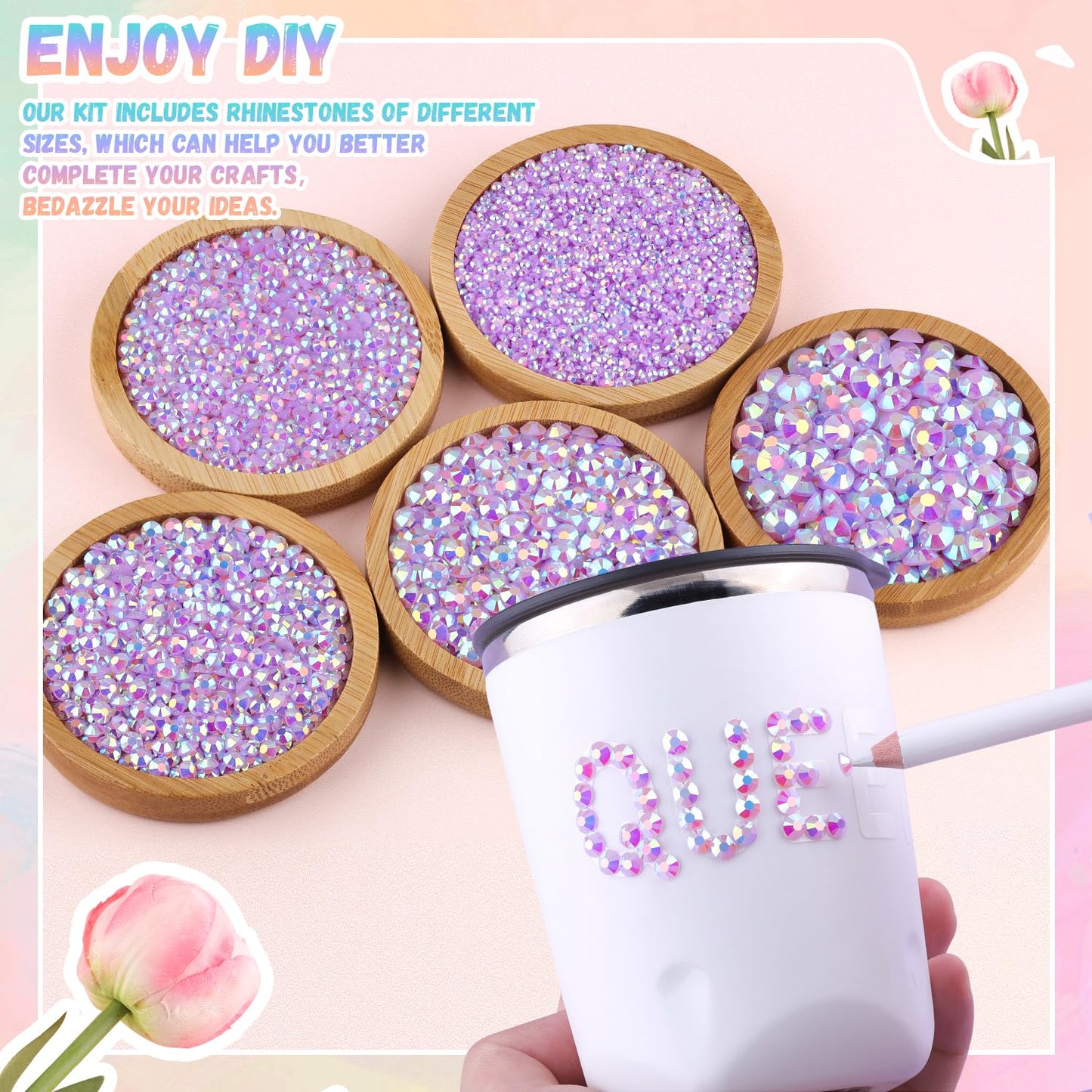 25000Pcs Resin Rhinestones with B7000 Jewelry Glue for Crafting, Lavender Purple AB 2-6mm Non Hotfix Flatback Gems, Bedazzling Crystal for DIY Crafts Clothing Tumblers Mugs Shoes Fabric Decor Nail Art-Velvo Beauty