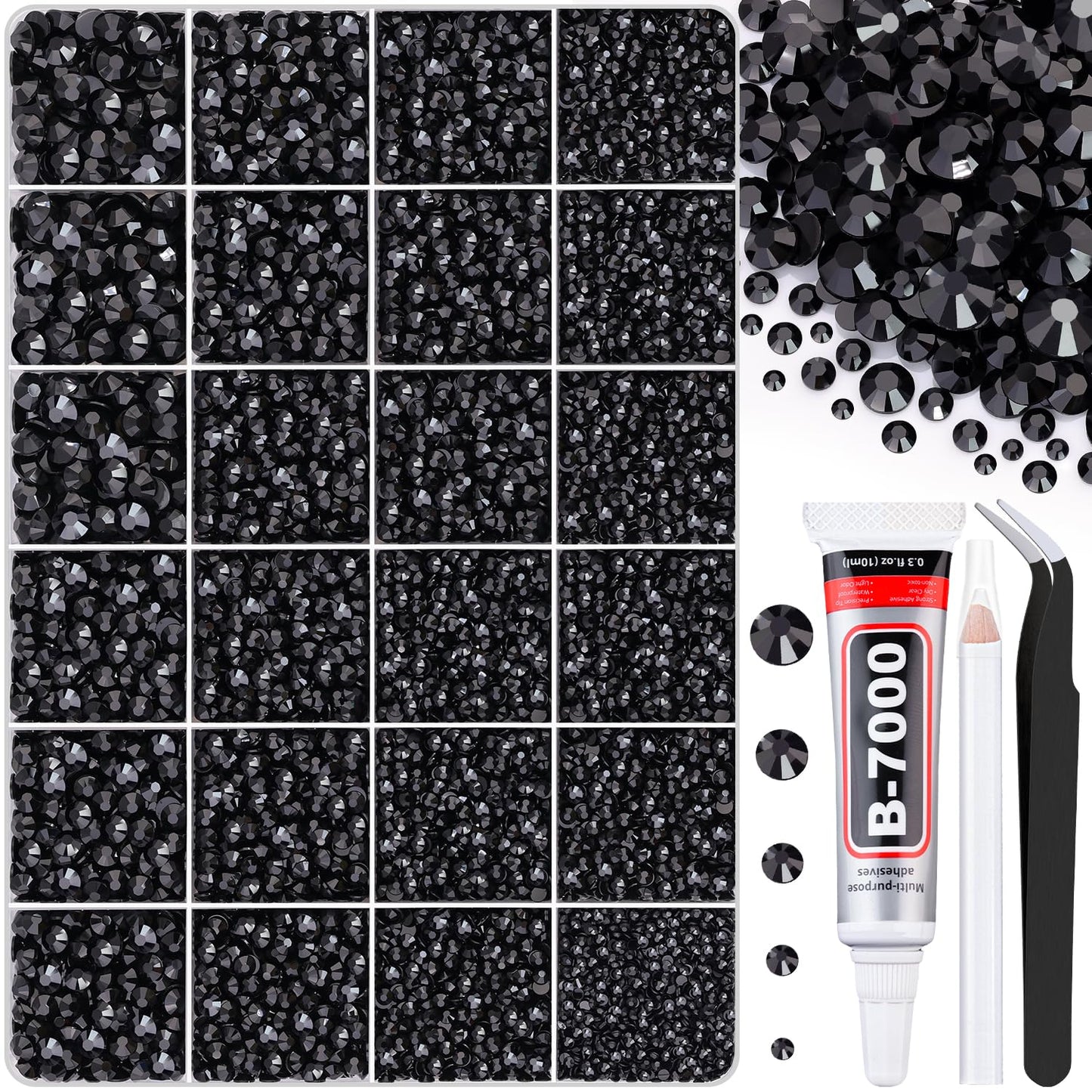 30000Pcs Black Rhinestones for Bedazzling with B7000 Jewelry Glue, Bedazzler Kit Flatback Gems, Resin Rhinestones for Crafting Crafts Clothing Shoes Fabric Nail Art Assorted Size 2/3/4/5/6mm-Velvo Beauty