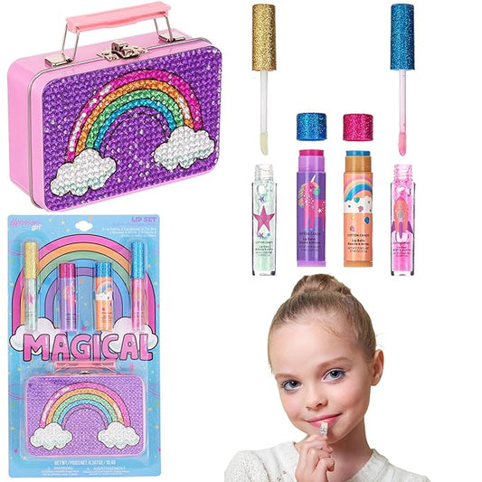 Expressions 5pc Rainbow Rhinestones Cosmetics Lip Kit For Kids w/Lip Glosses, Lip Balms & Tin Box Storage Case Magical Lip Set,Washable + Non Toxic-Velvo Beauty