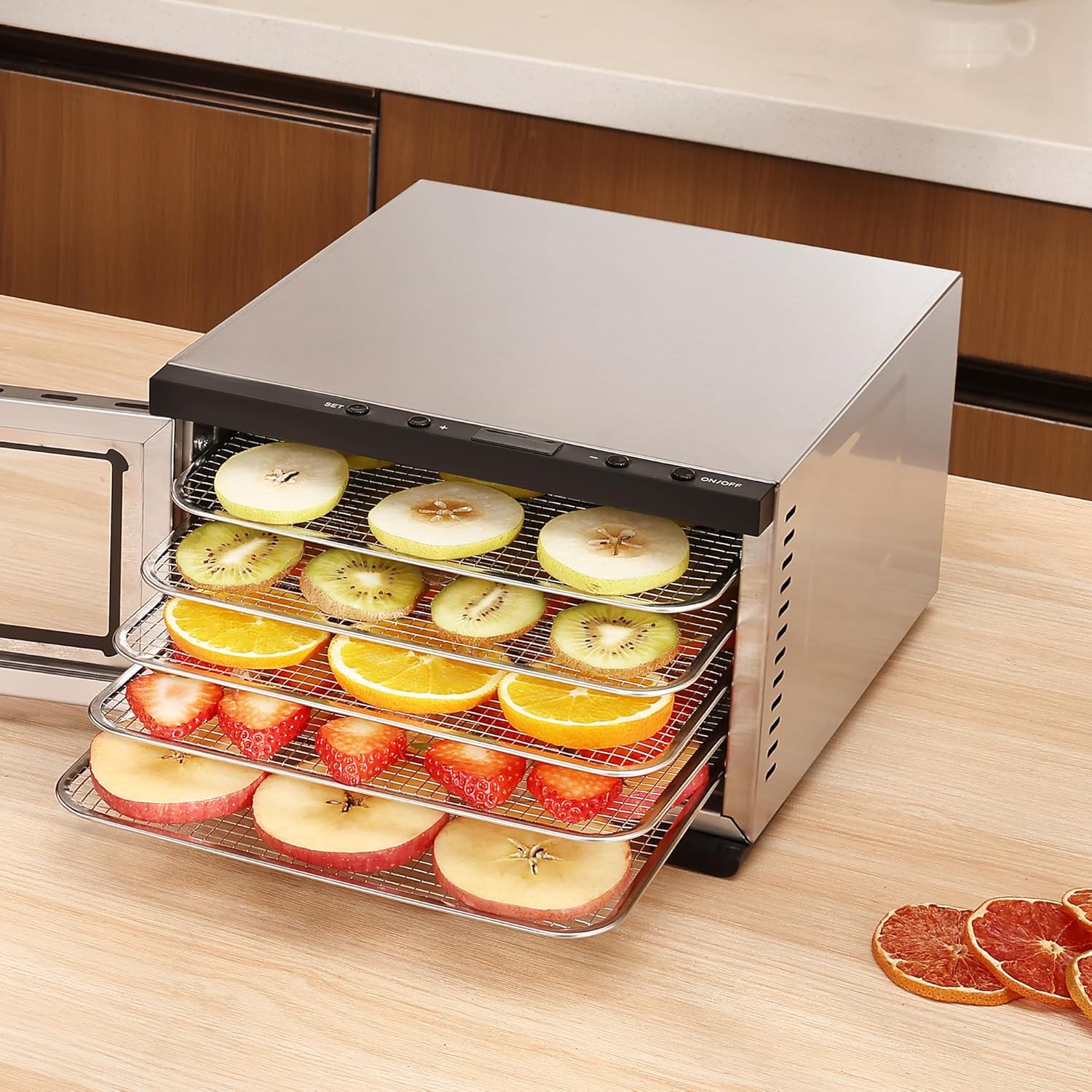 Food Dehydrator Machine - 5 Stainless Steel Trays, Digital Adjustable Timer, 400W, 176°F, Temperature Control, Mini Dryer for Jerky, Herb, Meat, Beef, Fruit and Dog Treats, Model 2015YJ, Silver-Velvo Beauty