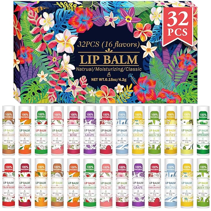 32 Pack Lip Balm, Natural Lip Balm Bulk with Vitamin E and Coconut Oil, Hydrating Lip Balm for Dry Lips, Bulk Lip Balm for Stocking Stuffers - 16 Flavors-Velvo Beauty