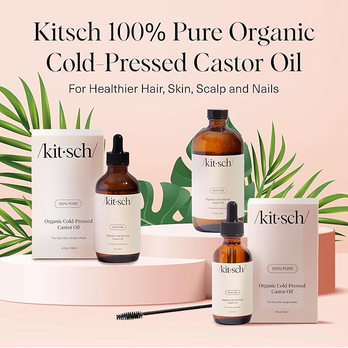 Kitsch Organic Castor Oil for Hair Growth - 100% Pure Castor Oil, Organic Cold Pressed Unrefined Glass Bottle for Face, Skin, Lashes, Brows, Scalp, Nails & Belly Button - Hexane Free, USDA - 2 oz-Velvo Beauty