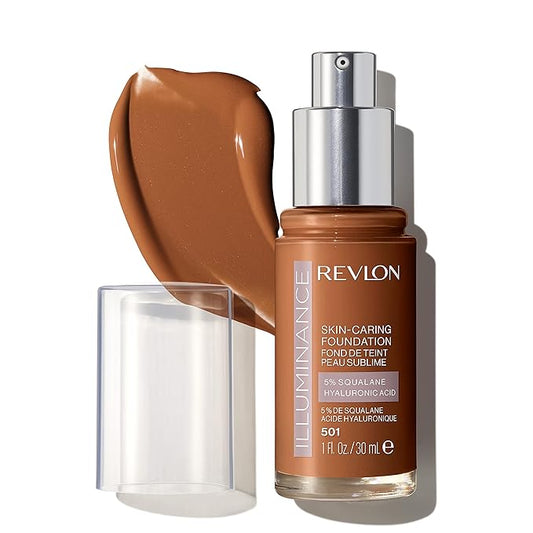 Revlon Illuminance Skin-Caring Liquid Foundation, Hyaluronic Acid, Hydrating and Nourishing Formula with Medium Coverage, 501 Toasted Caramel (Pack of 1)-Velvo Beauty