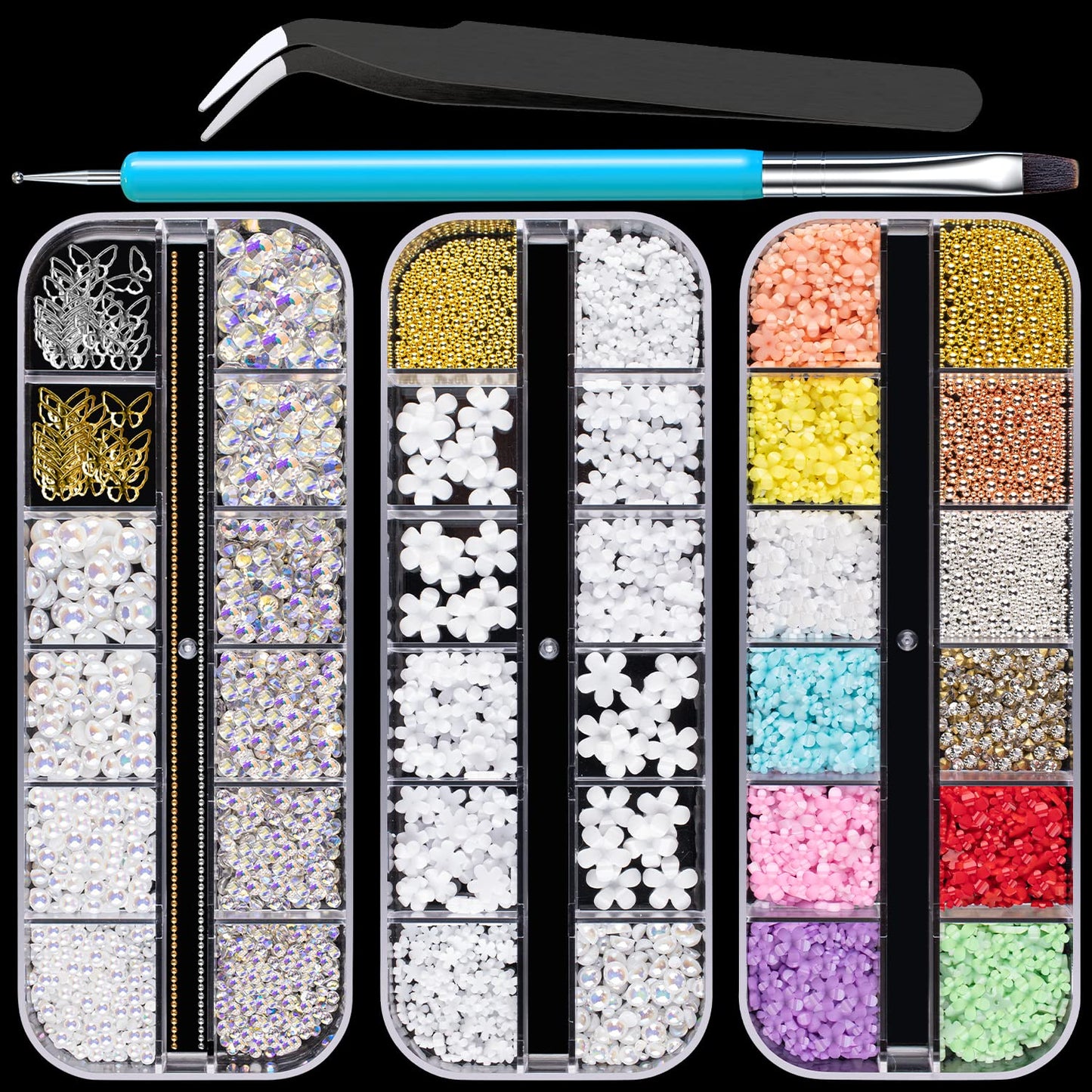 Mixed 3D Nail Art Gem Decoration Accessories Kit #3, Butterfly Starry AB Rhinestone Charm Jewelry for Deco, Pearl Flower Caviar Bead Stone Crystal with Dual-End Brush and Tweezer-Velvo Beauty