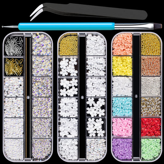 Mixed 3D Nail Art Gem Decoration Accessories Kit #3, Butterfly Starry AB Rhinestone Charm Jewelry for Deco, Pearl Flower Caviar Bead Stone Crystal with Dual-End Brush and Tweezer-Velvo Beauty