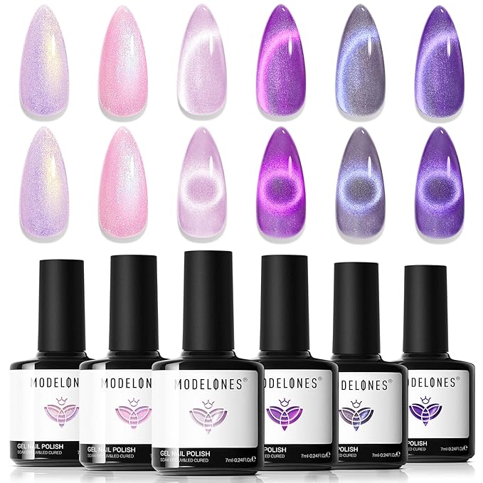 modelones Cat Eye Gel Nail Polish, 6 Colors Purple Pink Glitter Gel Polish Set with Magnet Sparkle Galaxy Series Nail Polish Kit Soak Off Led Nail Art Manicure Salon DIY Gifts-Velvo Beauty