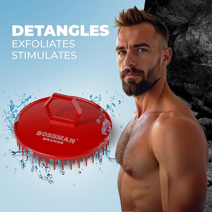 Bossman Scalp Massager & Shampoo Brush (3-inch, Red) – Head Scrubber, Beard Exfoliator & Dandruff Control for Hair & with Firm Bristles-Velvo Beauty