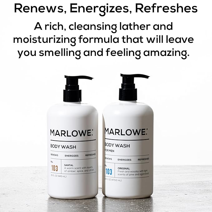 MARLOWE. No. 103 Body Wash 16 oz Pump, Original, Energizing & Refreshing Shower Gel with Willow Bark & Green Tea Extracts, Cleanses, Moisturizes, Smooths & Nourishes, Fresh Pine & Agarwood Scent-Velvo Beauty