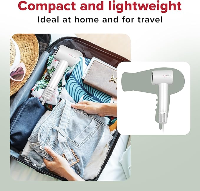 GroWell Ionic Hair Dryer, High-Speed Brushless Motor Professional Blow Dryer for Fast Drying, Low Noise, Lightweight, Compact Hair-Dryer with Diffuser for Curly Hair (2 Pack)-Velvo Beauty