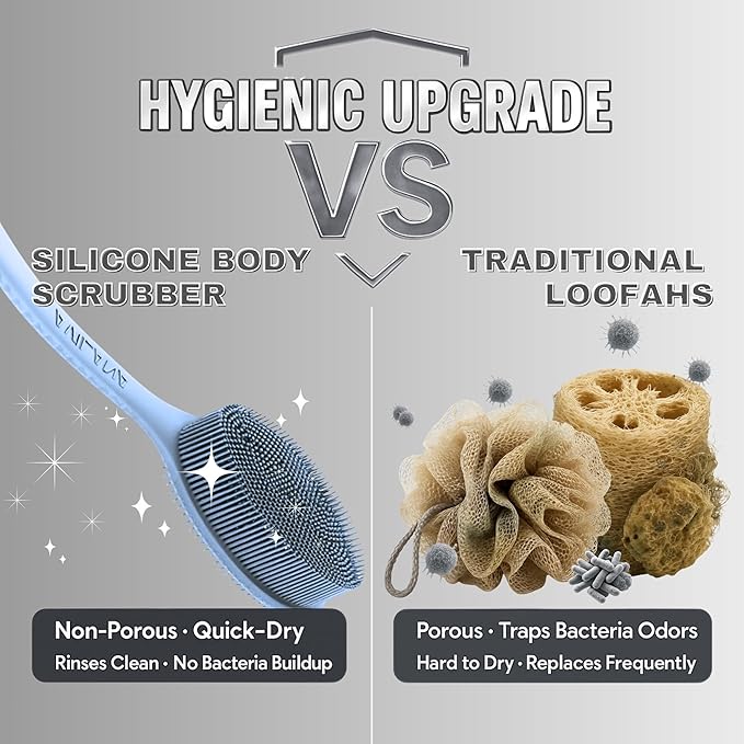 Avilana Silicone Body Scrubber – Gentle Shower Brush & Loofah Alternative- Food Grade & Lab Tested – Fast-Drying, Hygienic, BPA-Free Silicone Body Gentle Exfoliator (Blue, Long Handle)-Velvo Beauty