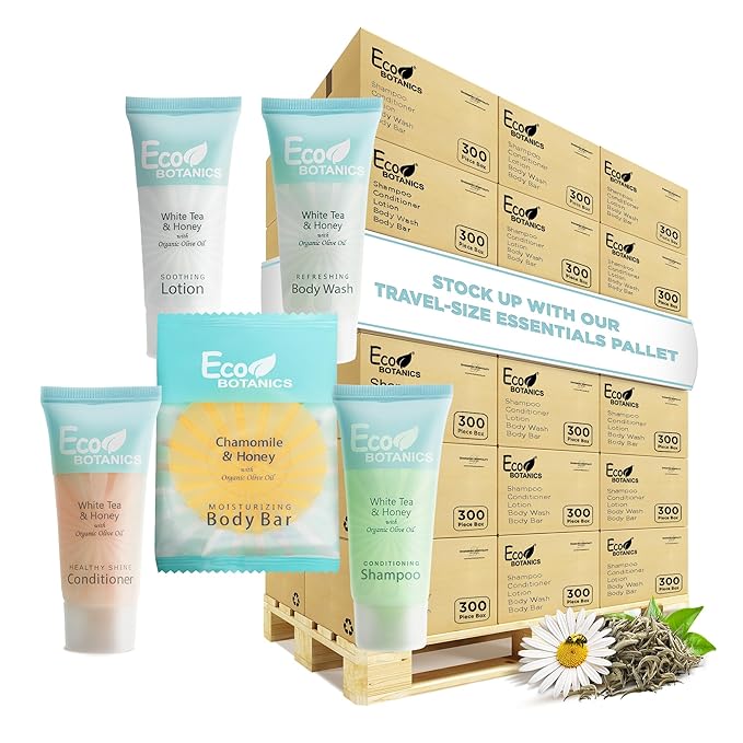 Eco Botanics Hotel Soaps & Toiletries Bulk Set | 0.85oz Hotel Shampoo & Conditioner, Body Wash, Body Lotion & Bar Soap Travel Size | Half Pallet, 36 cases with 300 units each - 10,800 pieces-Velvo Beauty