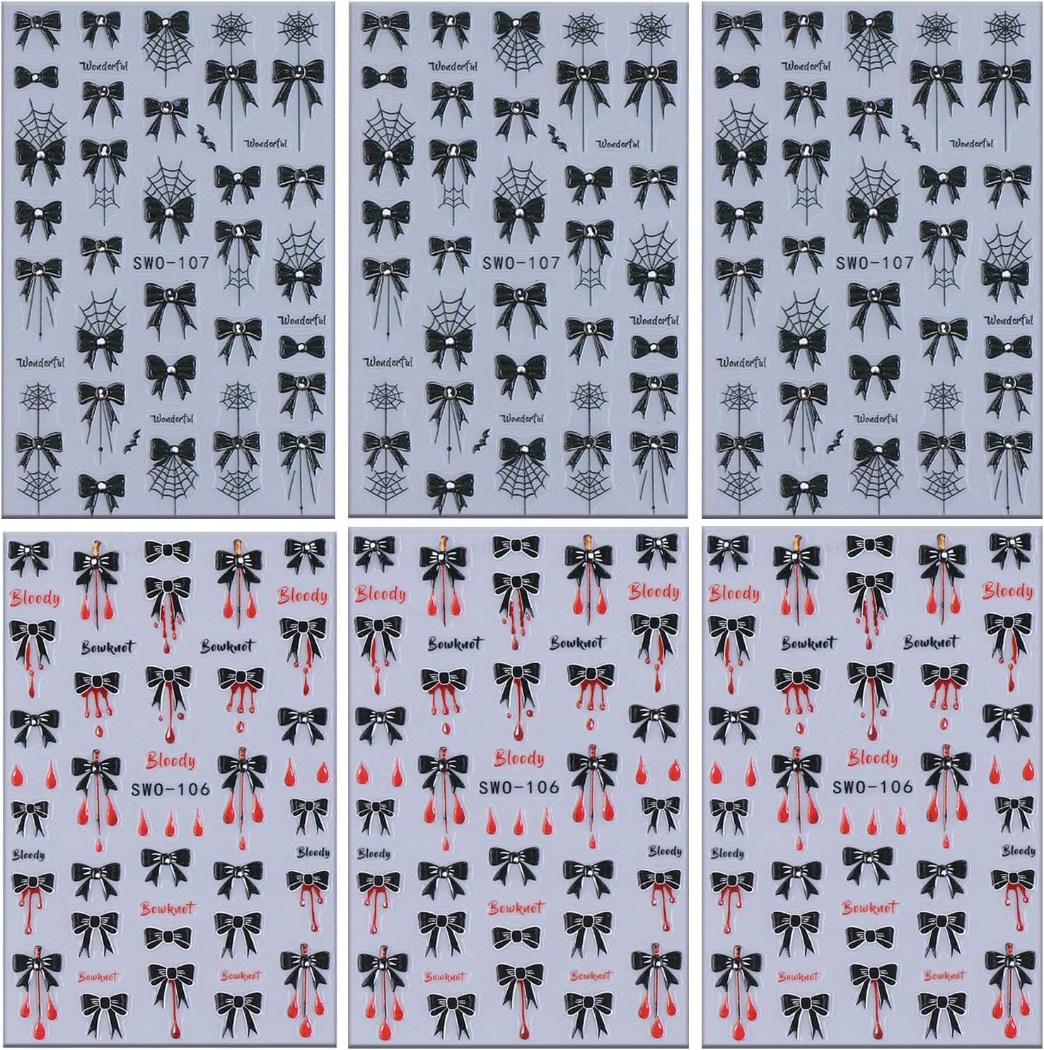 6 Sheets Halloween Nail Art Stickers 3D Self -Adhesive Black Bow Spider Web Nail Decals Holographic Bat Blood Drops Nail Stickers Halloween Nail Decoration for Women Manicure Supplies-Velvo Beauty