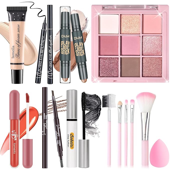 Makeup Set Kit for Women Girls Teens, Makeup Present Set, Includes 9 Color Eyeshadow, Counter Stick, Foundation, Eyebrow Pencil, Eyeliner, Mascara, Lip Gloss, 5Pcs Brushes, Sponge-Velvo Beauty