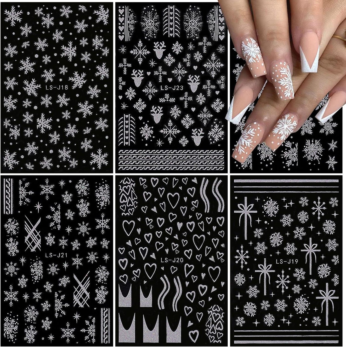 6 Sheets Glitter Silver Snowflake Nail Art Stickers 3D Christmas Nail Decals Self Adhesive Xmas Winter Nail Design Holiday Reindeer Snowflakes Nail Stickers for Women Girls Christmas Nail Decoration-Velvo Beauty