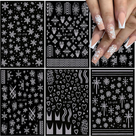 6 Sheets Glitter Silver Snowflake Nail Art Stickers 3D Christmas Nail Decals Self Adhesive Xmas Winter Nail Design Holiday Reindeer Snowflakes Nail Stickers for Women Girls Christmas Nail Decoration-Velvo Beauty