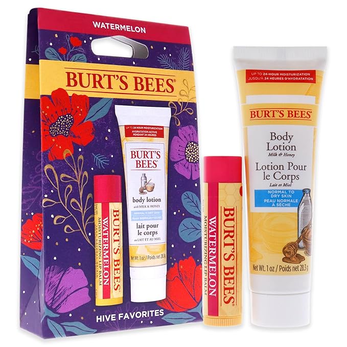 Burts Bees Hive Favorites Kit - Watermelon Unisex -0.15oz Watermelo Lip Balm, 1oz Body Lotion with Milk and Honey 2 Pc,White-Velvo Beauty