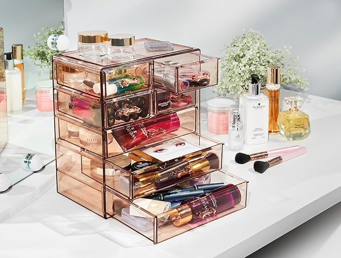 Sorbus Acrylic Clear Makeup Organizer - Big & Spacious Cosmetic Display Case - Stylish Designed Jewelry & Make Up Organizers and Storage for Vanity, Bathroom (4 Large, 2 Small Drawers) [Bronze Glow]-Velvo Beauty